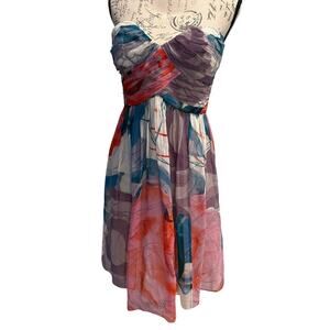 Donna Morgan watercolor 100% silk chiffon strapless dress sweetheart bodice 8